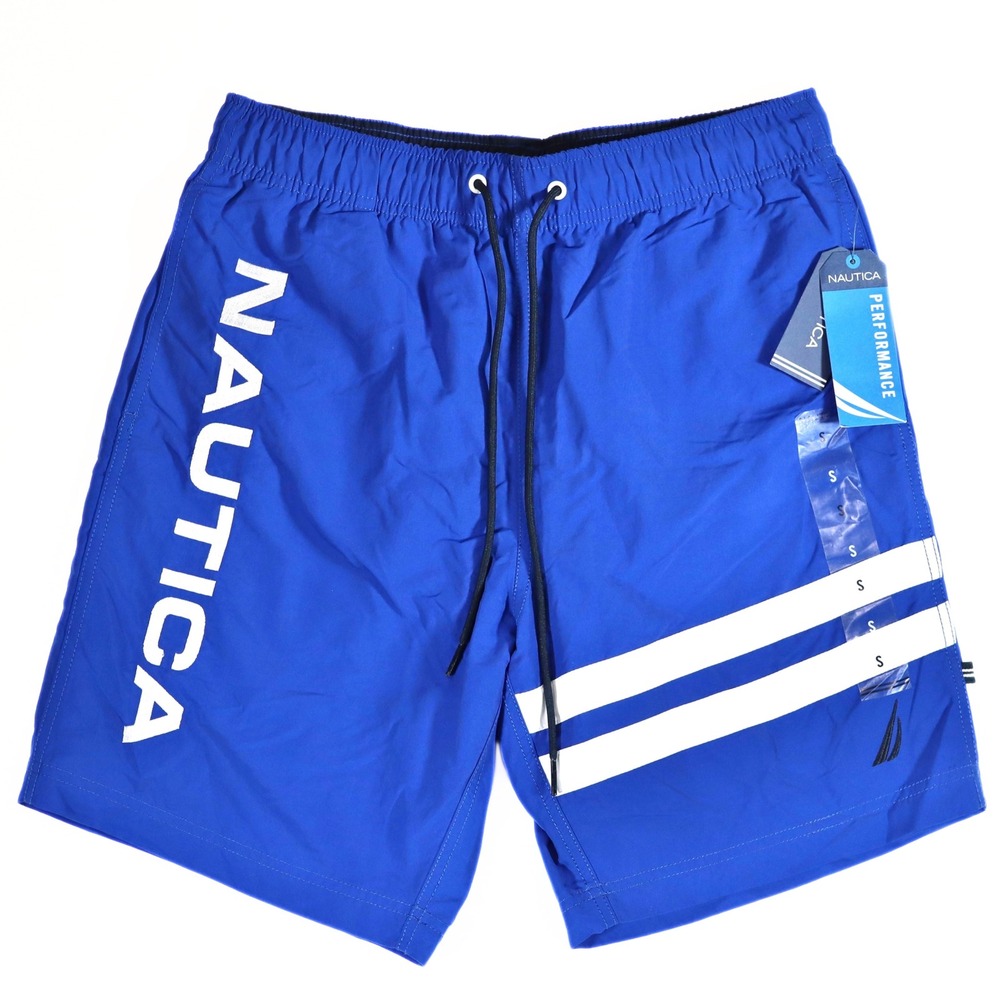 Nautica Swim Trunks Mens S Blue Striped Performance Logo Board Shorts Beach NWT